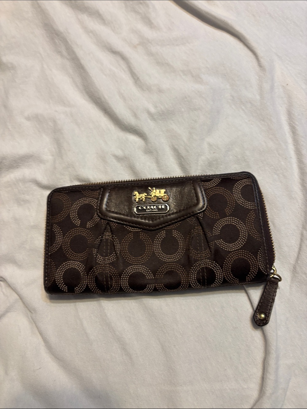Coach Brown Signature Canvas Zip-Around Wallet with Gold Accent